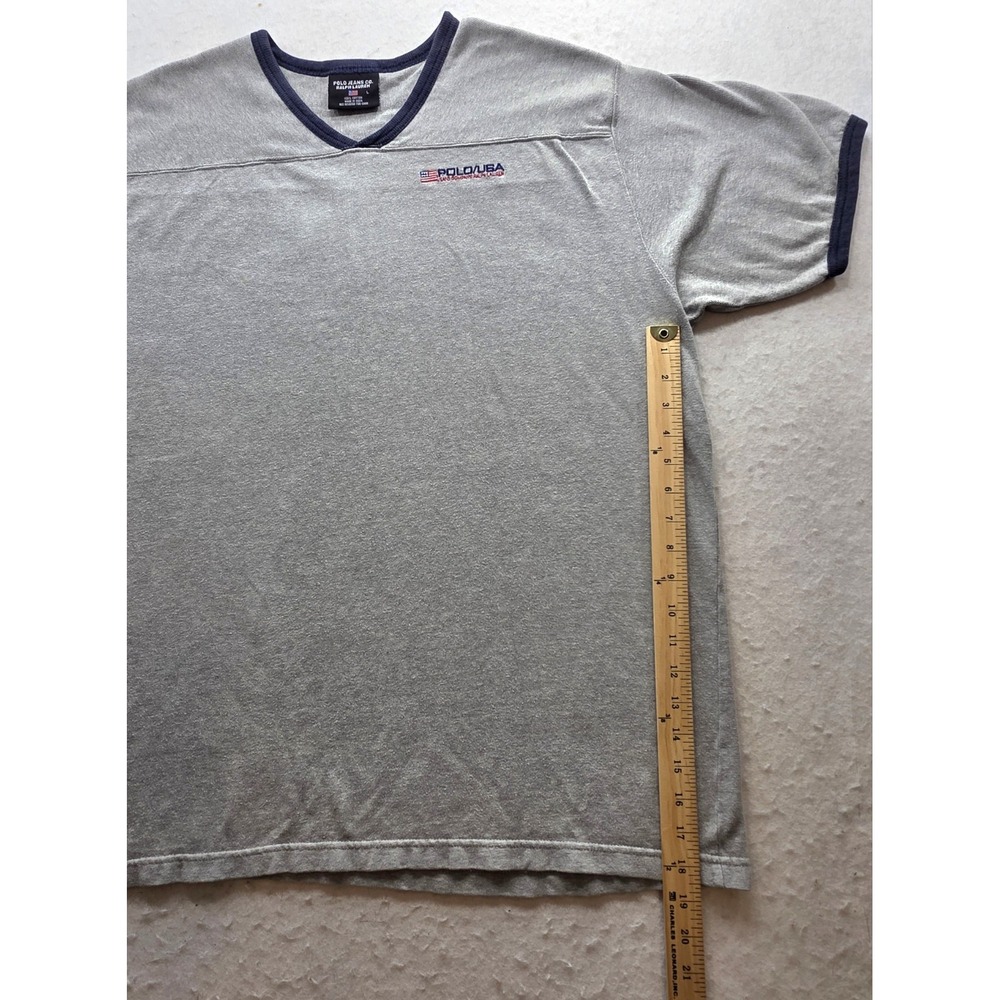 Polo Ralph Lauren Vintage Men's Gray Blue Ringer Polo USA V-Neck Shirt. Size L - Picture 5 of 8